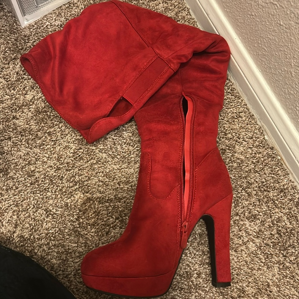 Red knee high boots